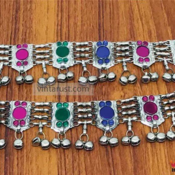 Afghan Anklets, Multicolor Glass Stone Anklets Pair, Anklets With Bells And Glas - Picture 4 of 8